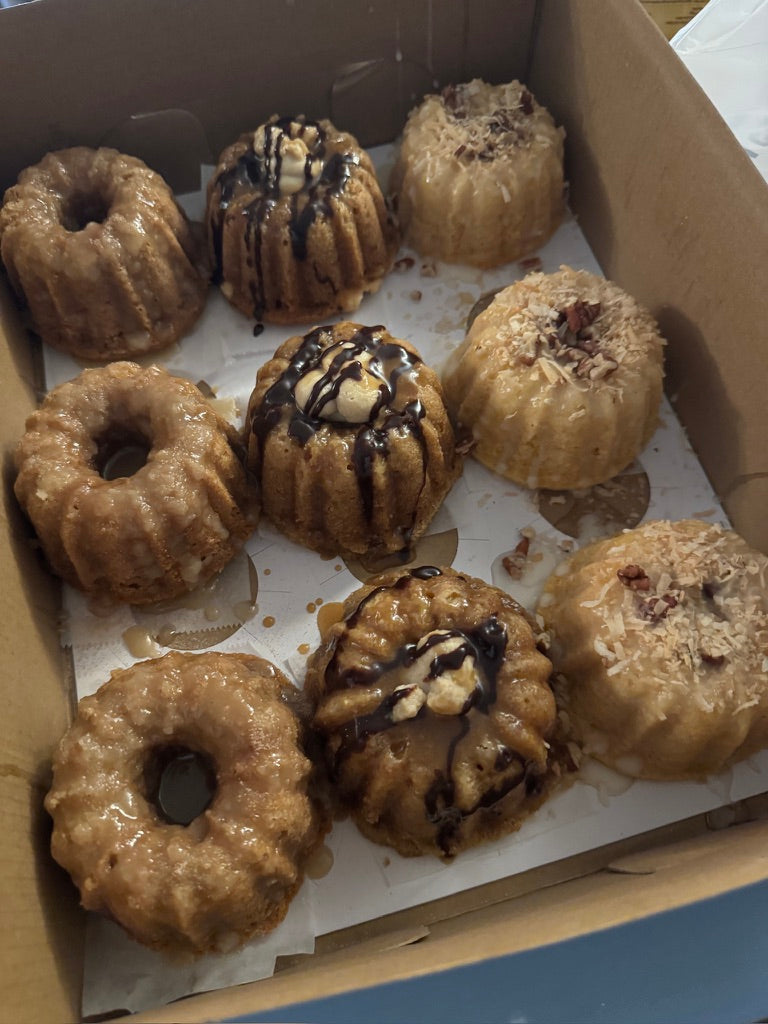 Box of caramel and coconut mini bundts