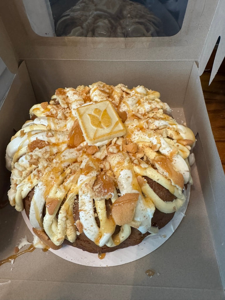 Banana Pudding Moonshine bundt with cream, caramel and vanilla wafers