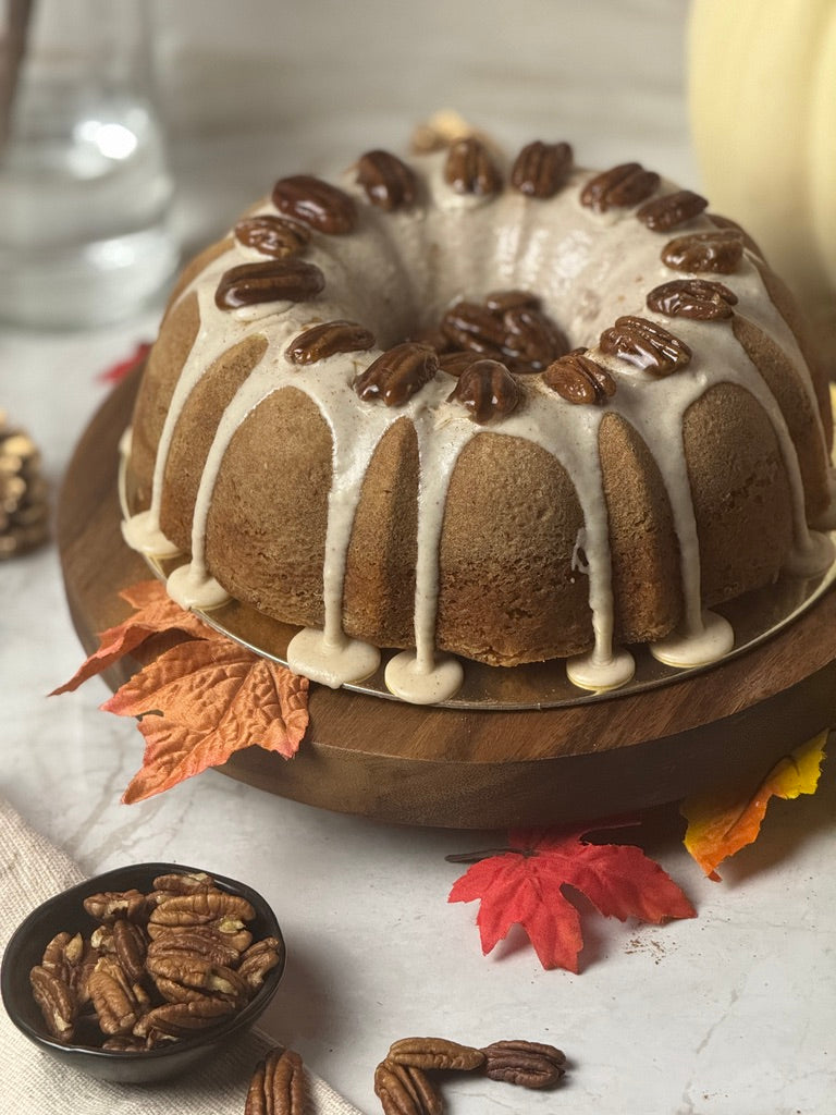 Spiced bundt with cinnamon glaze and candied pecans