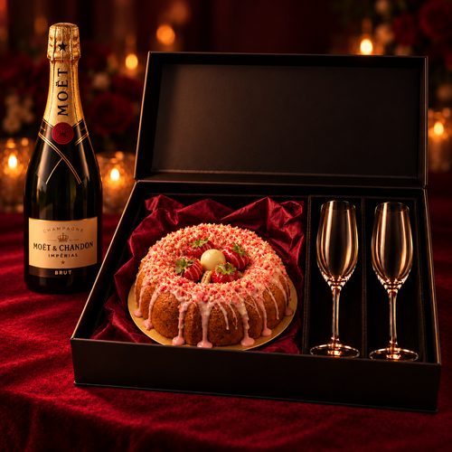 Date Night Box: 6 inch Boozy Bundt and two champagne flutes in a black gift box